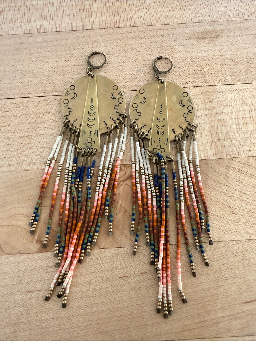 Boho Multicolor Seed-Bead Fringe Earrings with Engraved Brass Discs